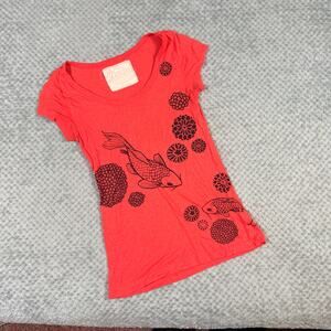 vintage y2k pink/red fish/floral print babydoll graphic tshirt old navy denim xs